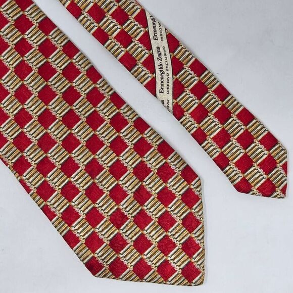 ERMENEGILDO ZEGNA EXCLUSIVE DESIGN SILK TIE RED GOLD GEOMETRIC SATIN 4" X 58" - Picture 1 of 3